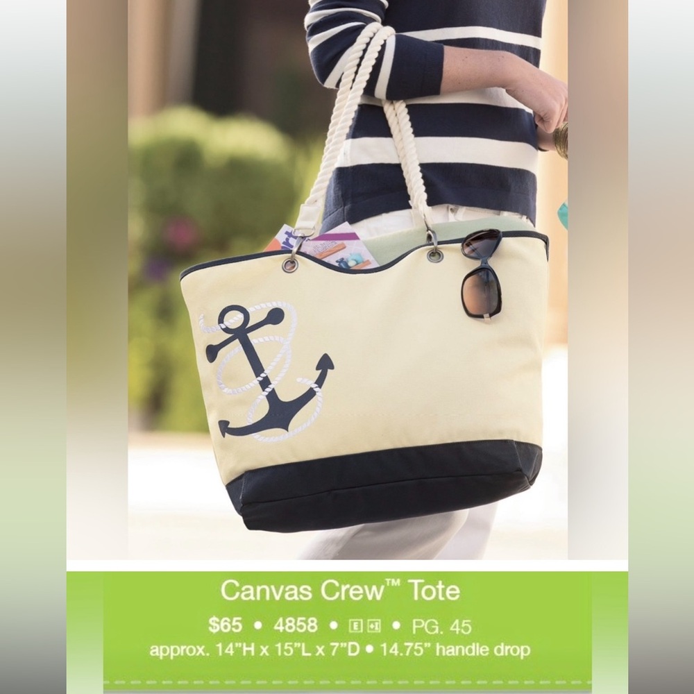 ⚓️Thirty One Canvas Crew Natural w/Navy Anchor Double Rope Handles Nautical⚓️
